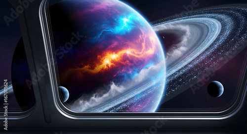 Macro View of a Futuristic Spaceship Window Framing a Colorful Fantasy Planet with Clouds and Rings