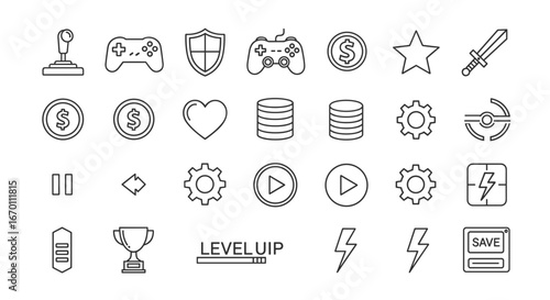 Outline drawing of various gaming icons including controls and progress bar