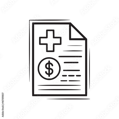 A medical bill document with a cross and dollar sign in black and white line drawing style art design