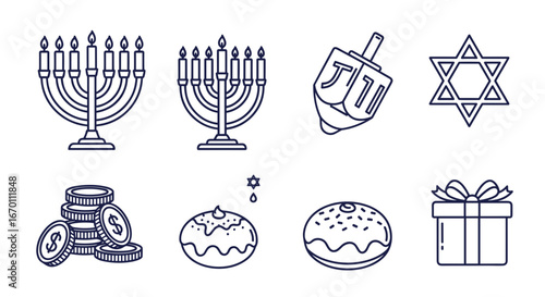 Illustration of hanukkah symbols including menorahs dreidel and star of david