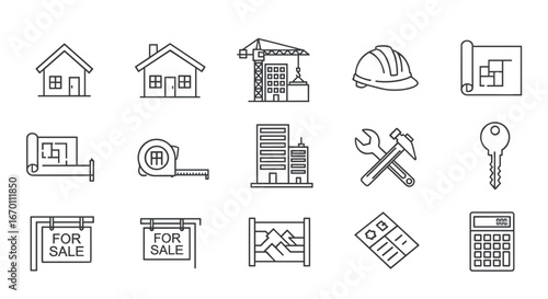 Depiction of real estate and construction icons in outline style format