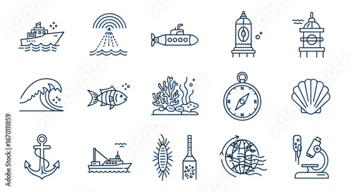Various maritime themed line art icons including boats and sea creatures