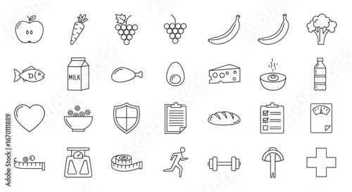 Outlined icons representing healthy eating and fitness related elements