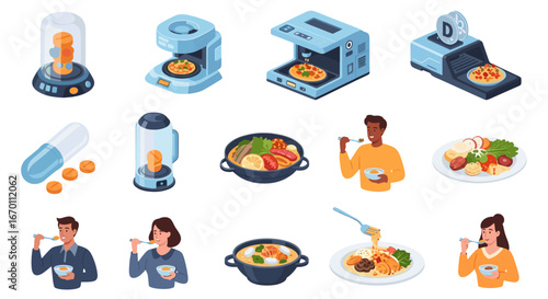 Various futuristic food processing and consumption scenes, including food processing machines, food and people eating food.