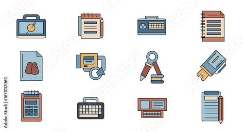 Illustration of various office supplies and stationery items arranged well