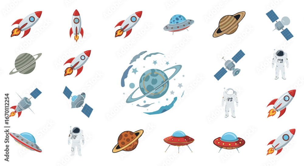 Naklejka premium A collection of vibrant illustrations showcasing space exploration and extraterrestrial elements