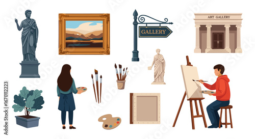 Artistic objects in a gallery. Showcasing different artistic elements to the viewer. A collection of statues, paintings, art supplies, and people enhance the scene's depth and engage the imagination