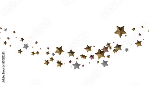 Beautiful image of gold and silver stars scattered on white. Perfect for holidays, celebrations, and more.