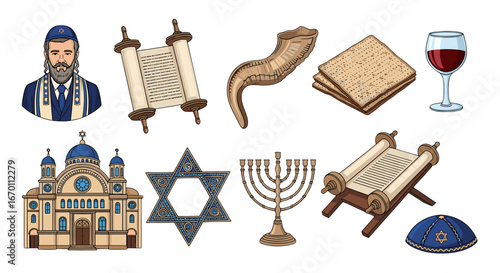 A collection of elements representing religious symbols, including scrolls, a menorah, and more