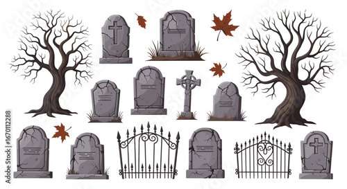 A solemn collection of tombstones, evocative of remembrance, with an eerie ambiance, accompanied by leafless trees and wrought iron fence. halloween theme