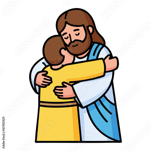 Jesus Hugging a person , feeling love and care, in the arms of the savior.