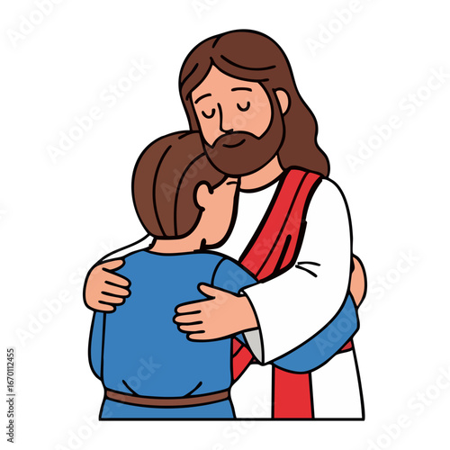 Jesus Hugging a person , feeling love and care, in the arms of the savior.