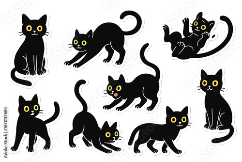 Collection of cartoon-style black cat illustrations with yellow eyes, each in a different pose
