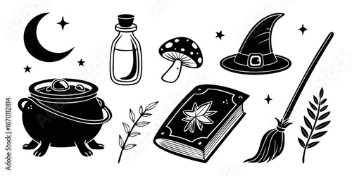 Magical and enchanting witch tools with a cauldron, stars, moon, hat, potion bottle, book, broom and mushroom in monochrome. The set is inspired by mysticism and spells. halloween theme