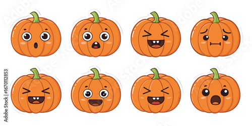 A collection of adorable cartoon pumpkins showcasing a range of different expressions. Each pumpkin features a unique face expressing emotions for various occasions.  halloween theme