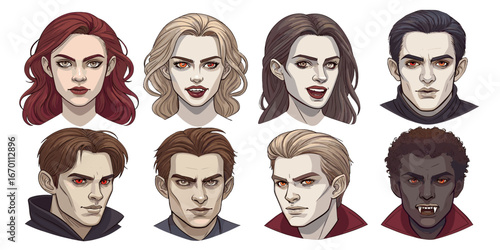 A collection of vampire portraits, featuring diverse faces with distinctive features and a hint of mystery. halloween theme