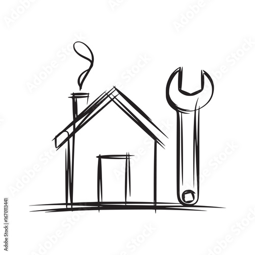 A simple sketch of a house with smoke coming from the chimney and a wrench on the right side of it