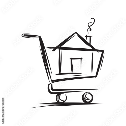 A sketch of a house inside a shopping cart with smoke coming from the chimney on a white background