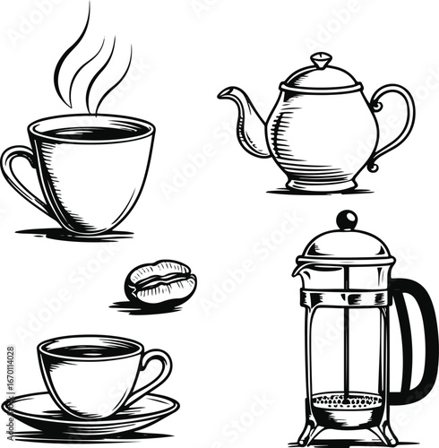 Bold black and white line art doodle set, steaming coffee mug, tea cup, kettle, coffee bean, French press, elegant minimal outline vector illustration 2