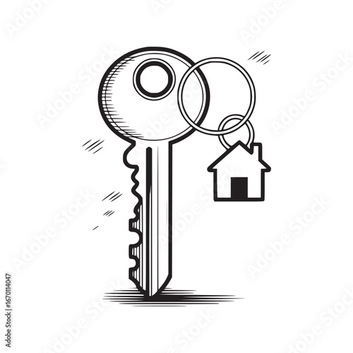A sketch of a key with a house keychain attached to it with rings on a white background drawing style