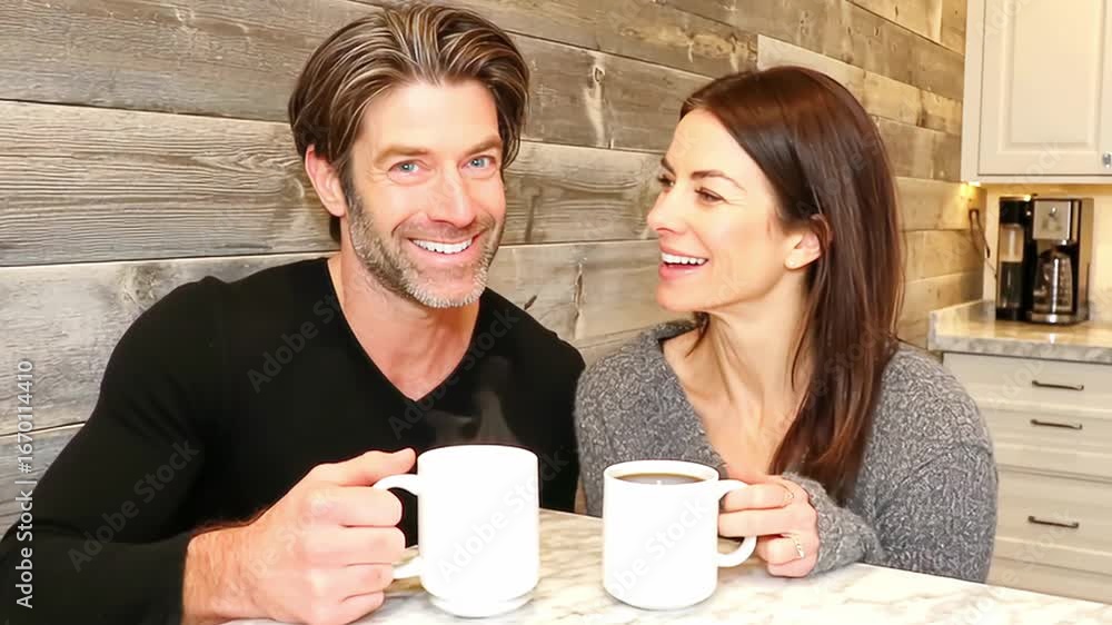 Engaging conversation between two individuals enjoying coffee, showcasing smiles and laughter, highlighting connection and warmth in a cozy kitchen setting with wooden accents