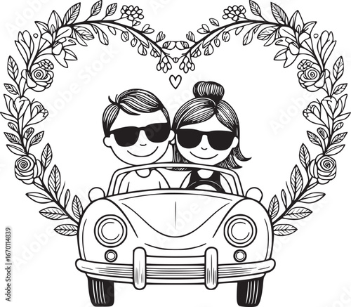 Love's Journey: A couple in an antique car, framed within a floral heart, drives toward an eternity of adventure and joy. Capturing the essence of romance and the promise of a shared journey together.