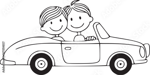 Joyride: A stick figure couple embarks on a carefree journey in a classic convertible car, evoking the thrill of freedom and togetherness.