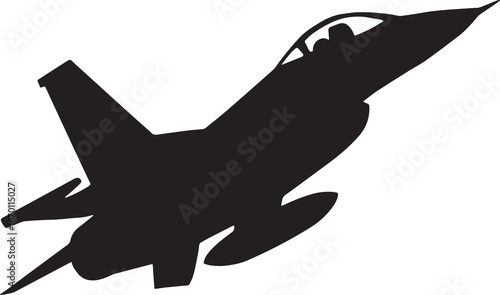A black-and-white silhouette of a modern fighter jet shown from a slightly angled front perspective. The aircraft features twin vertical stabilizers, a streamlined cockpit, and external attachments be