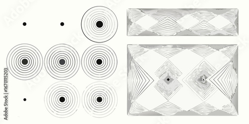 Abstract geometric patterns featuring concentric circles and diamond shapes in a minimalist black and white design