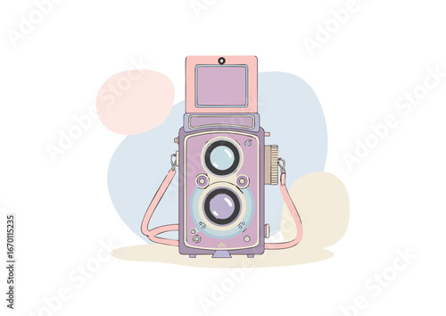 Stylized retro camera on a bright yellow background, vector illustration 