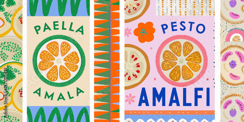 Vibrant italian food and drink inspired collage with citrus fruits and floral motifs
