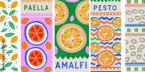 Vibrant mediterranean food illustrations with citrus fruits and decorative patterns