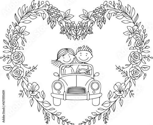 Love's Journey: A charming black and white illustration captures a couple's joyous ride within a classic car, framed beautifully by an intricate heart-shaped floral wreath, evoking themes of love.