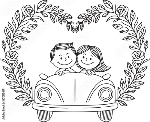 Joyride of Hearts: A charming line art illustration depicting a couple joyfully riding in a classic car, framed by a heart-shaped wreath of roses and leaves, symbolizing love and togetherness. 