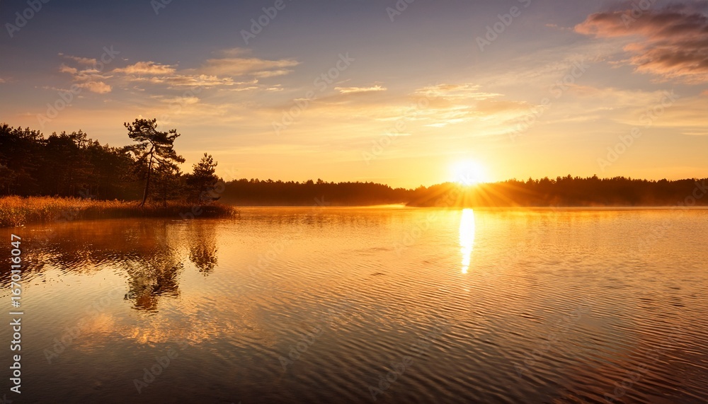 Fototapeta premium serene sunrise over calm lake with warm golden ripples