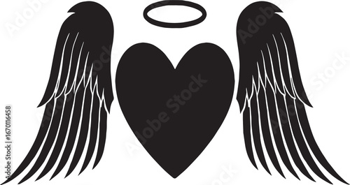 A black-and-white silhouette featuring a heart flanked by two symmetrical angel wings and topped with a halo. The wings are detailed with feather-like lines, and the overall composition conveys themes
