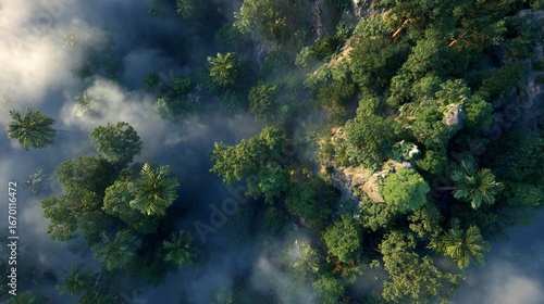 Lush tropical forest seen from above, mist hovering, verdant and scenic