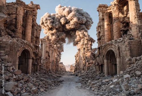 Catastrophic destruction and overwhelming dust cloud engulfs an ancient city street in a devastating conflict