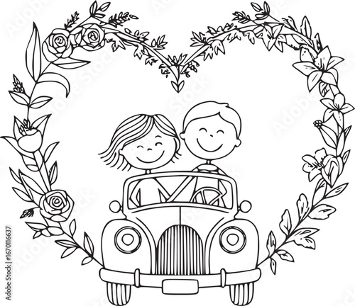 Wedding illustration: A delightful hand-drawn illustration captures a blissful moment as a happy couple embarks on their journey in a vintage car, embraced by a floral heart.