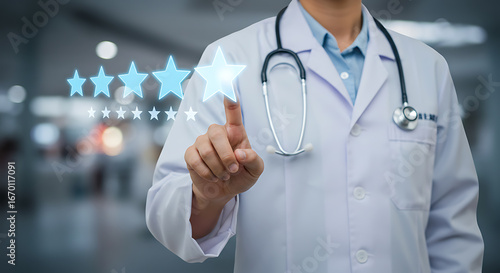 Doctor rating stars glowing blue stethoscope white coat