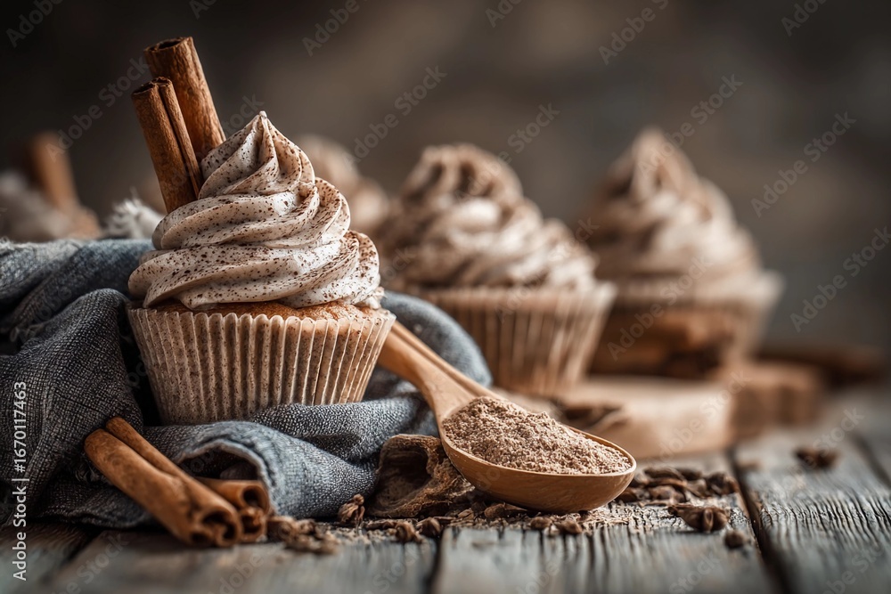 Obraz premium Cupcakes with chocolate frosting and cinnamon sticks on a rustic wooden table