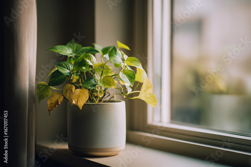 Green houseplant in white ceramic pot near window with natural light, indoor decor, home atmosphere, cozy and calm mood.
