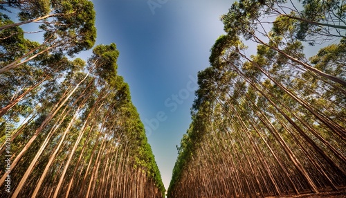 captivating perspective through a symmetrical eucalyptus tree plantation landscape