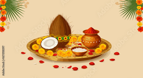 Illustration of traditional offerings on decorative plate for Indian festivals, suitable for cultural events, festive decorations and social media posts for celebrations like Pongal or Diwali