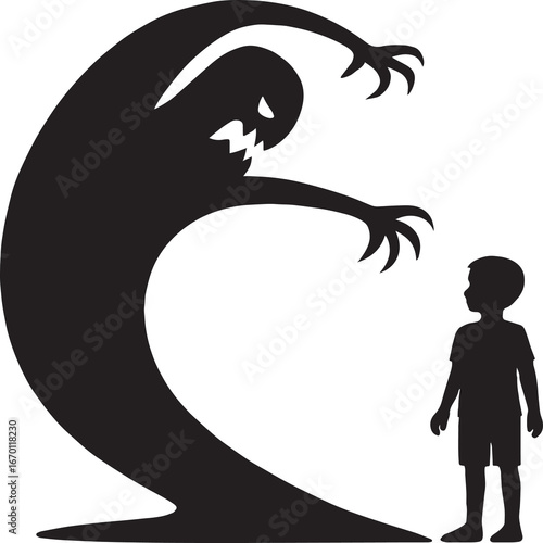 A black-and-white silhouette illustration depicting a small child standing calmly while a large, monstrous figure with claws and an angry expression looms overhead. The shadowy creature appears to ris