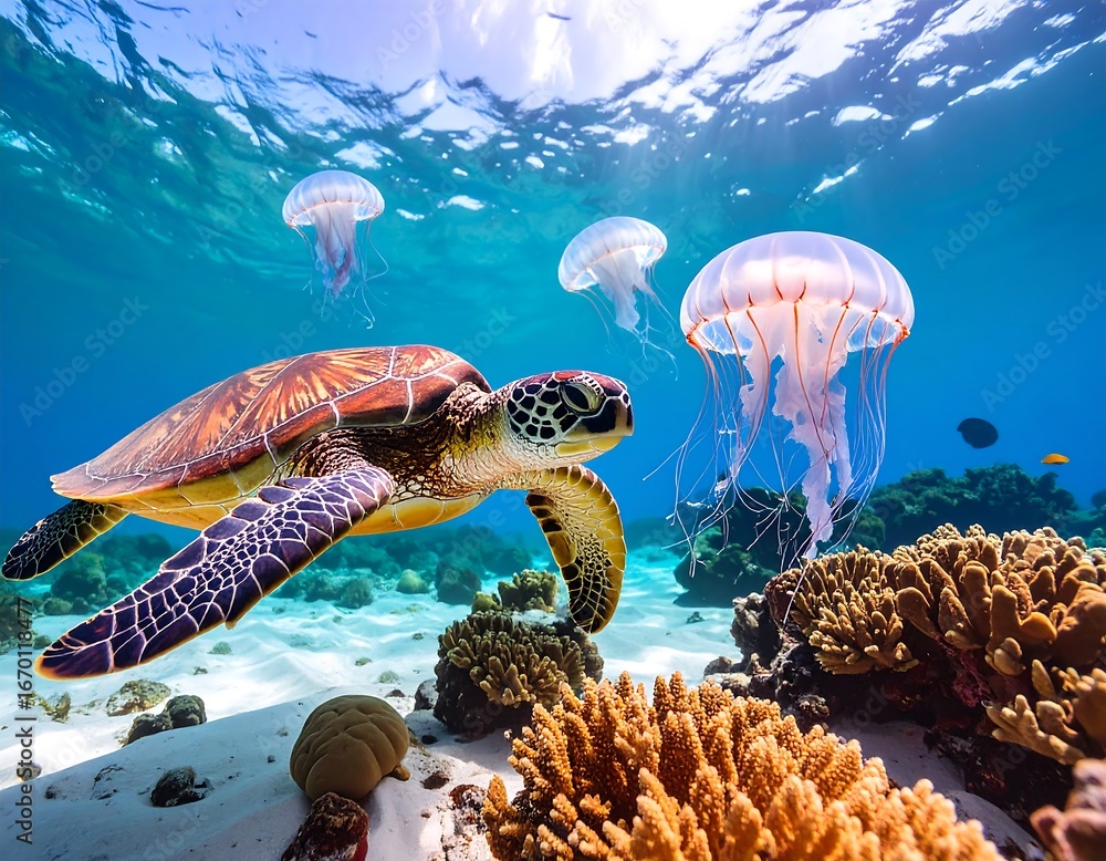 Fototapeta premium Underwater scene with sea turtle and jellyfish