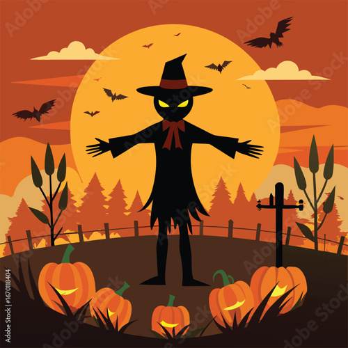 Pumpkin Patch Field Silhouette With Scarecrow