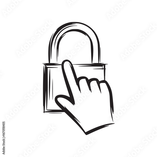 Hand touching a padlock sketch illustration in black and white security access control protection