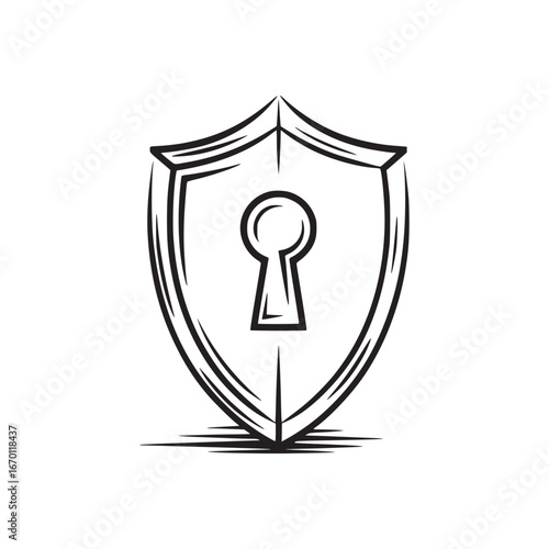 A stylized black and white drawing of a shield with a keyhole in the center of the shield shape