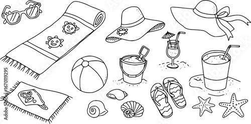 Doodle style illustrations featuring sunny beach vacation essentials for memorable summer holidays, sketched in blue
